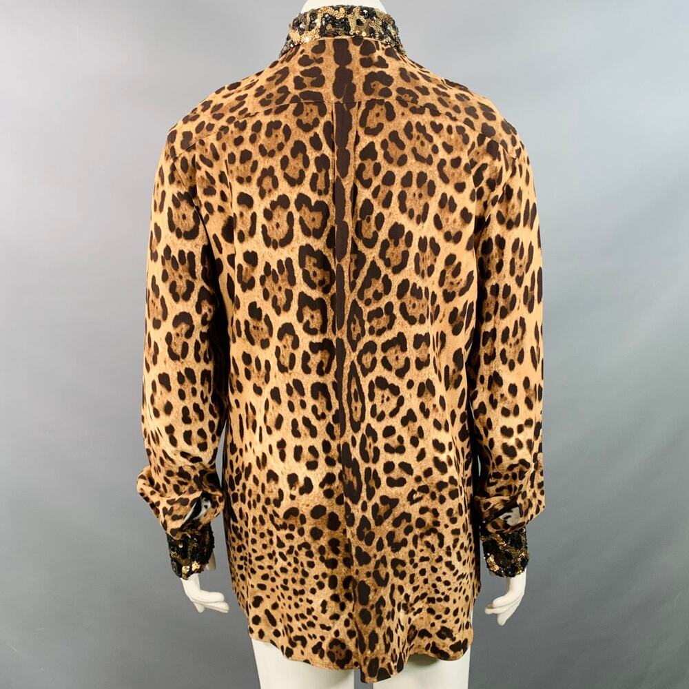 DOLCE & GABBANA Size L Brown Viscose Blend Leopard Sequin Trim Snaps Shirt - Picture 4 of 9